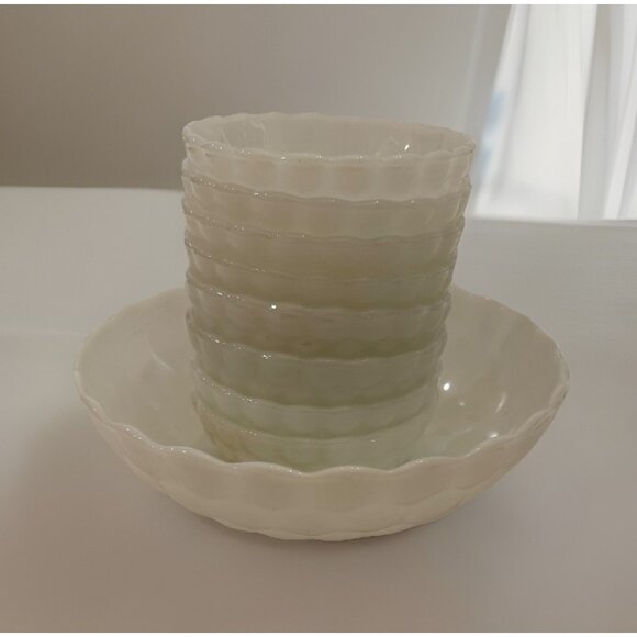 Anchor Hocking Bubble Milk Glass Dessert Set 8 Fruit Custard Cups & Serving Bowl